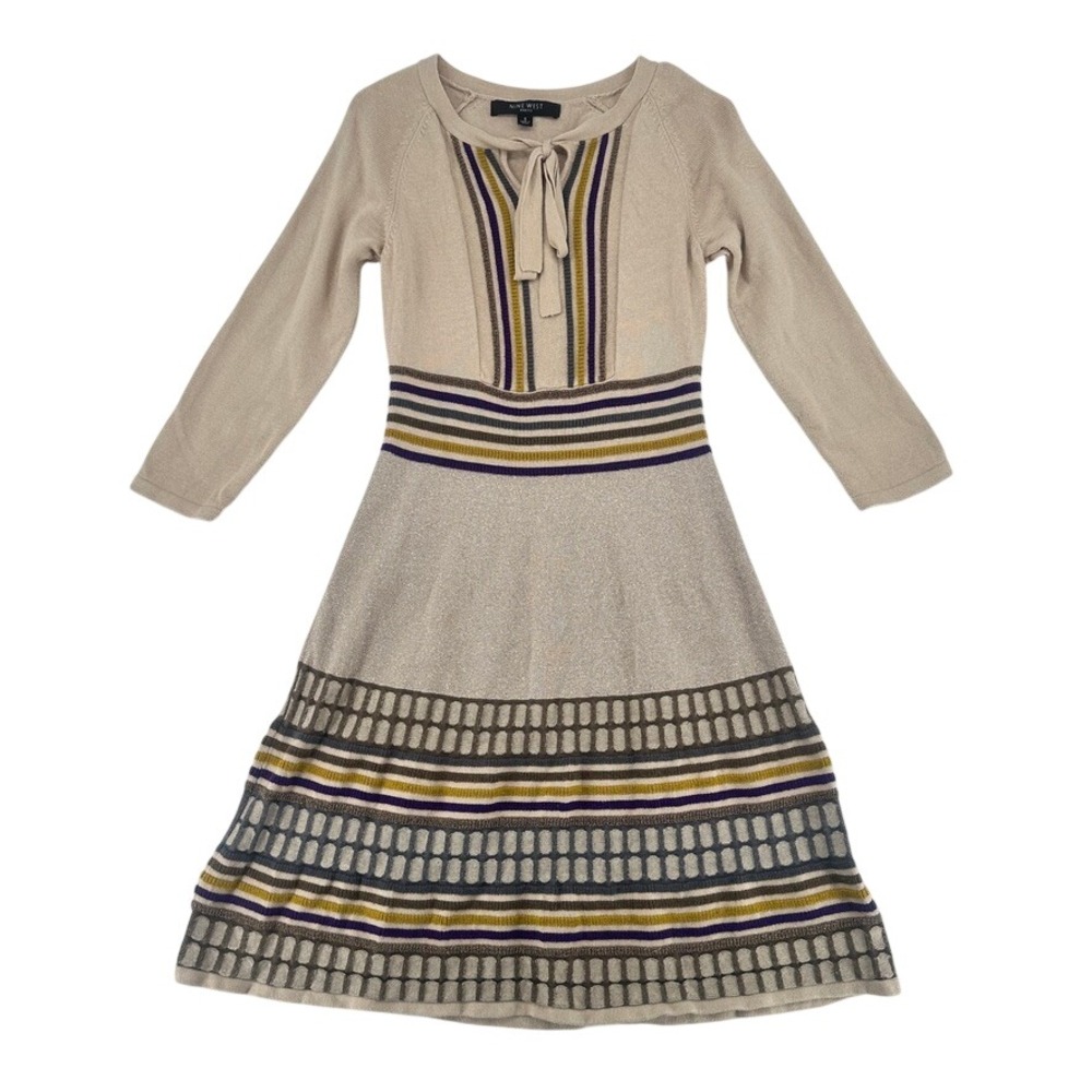 Nine West Striped Knit Sweater Dress Tie Neck Beige Size S